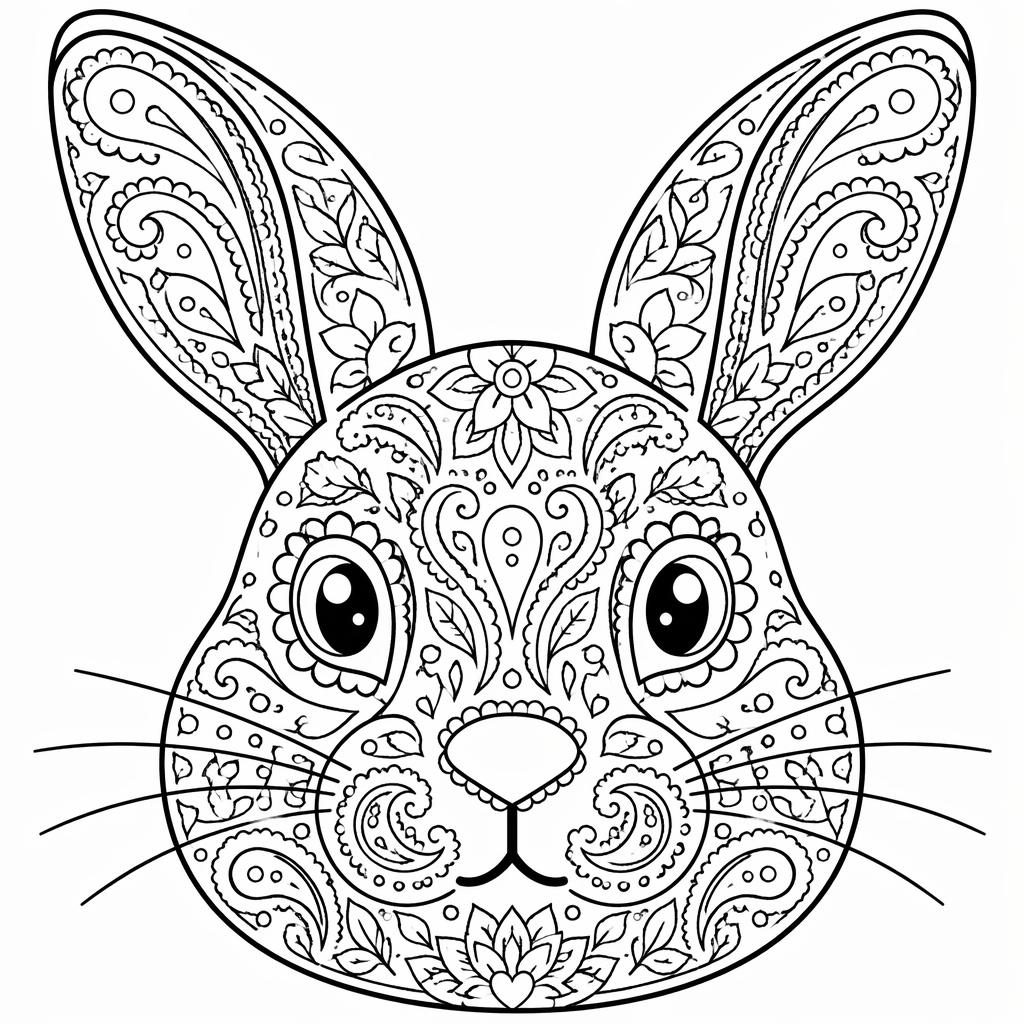 Illustration noir et blanc d’une tête de lapin en style mandala avec motifs paisley détaillés, contours nets à colorier.