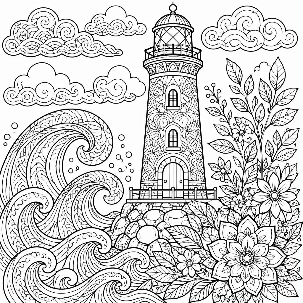 Illustration noir et blanc d’un phare entouré de vagues et motifs botaniques, style coloriage détaillé à imprimer.