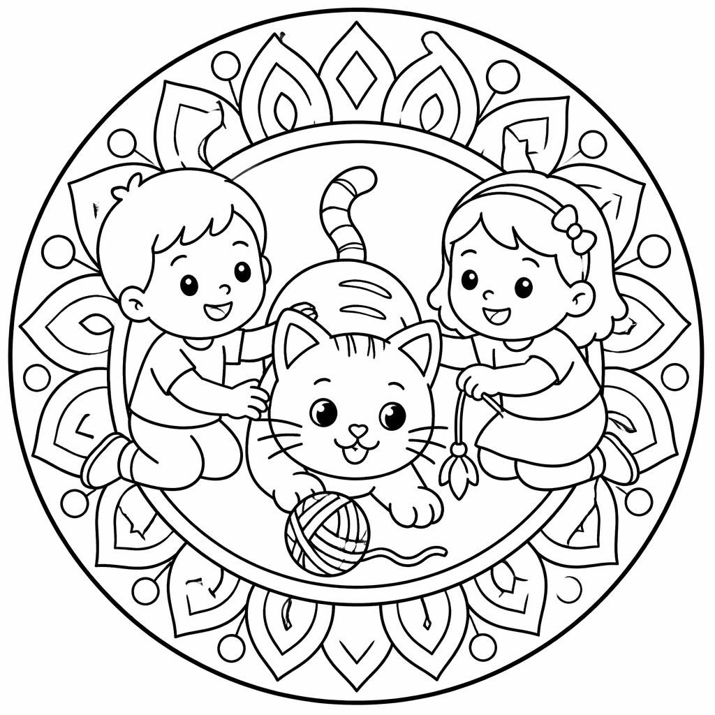 Ilustración para colorear en blanco y negro de un gato juguetón con niños, líneas gruesas y estilo mandala simple.