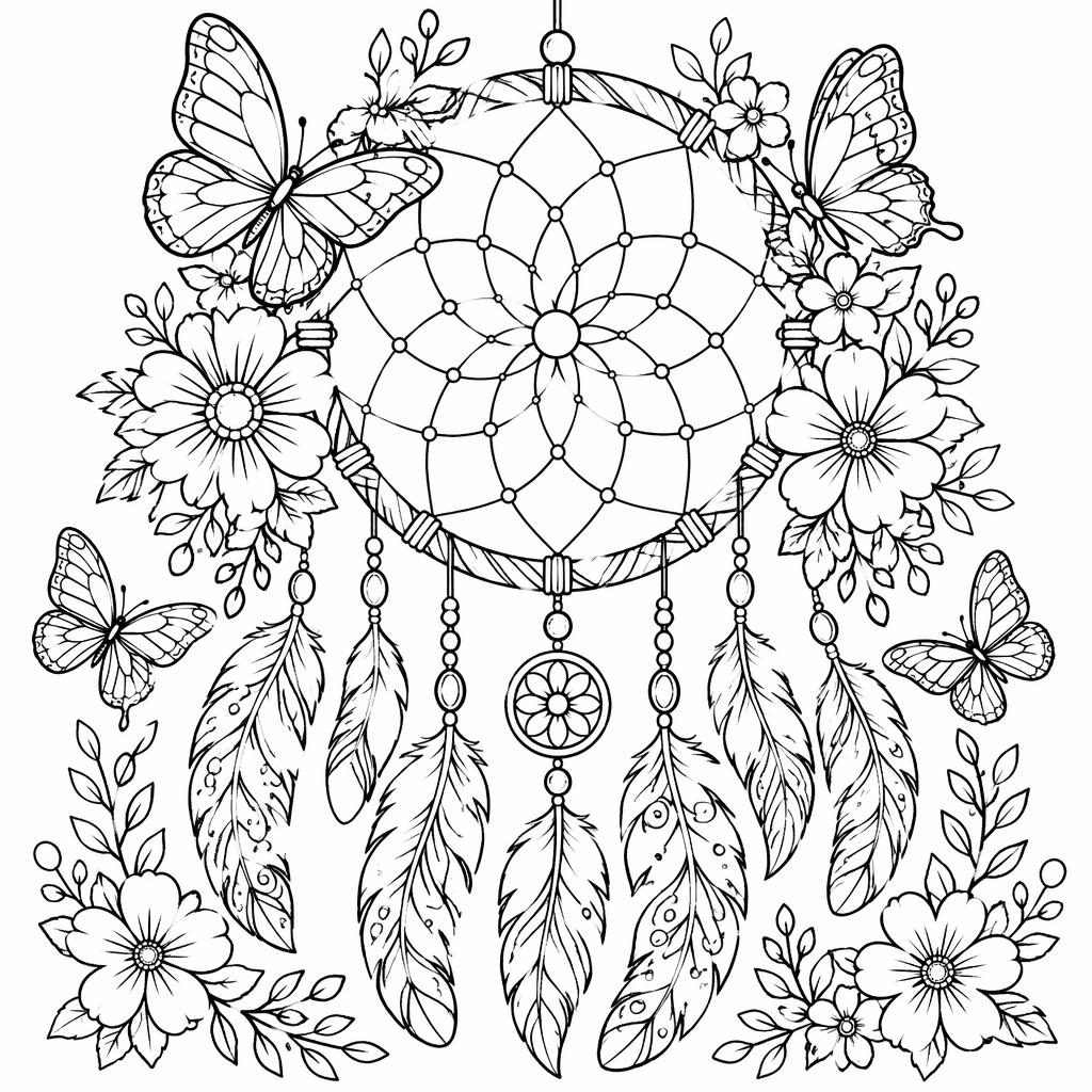 Schwarz-weiße Ausmalbild-Illustration mit detaillierten Schmetterlingen und Blumen als klare Line-Art
