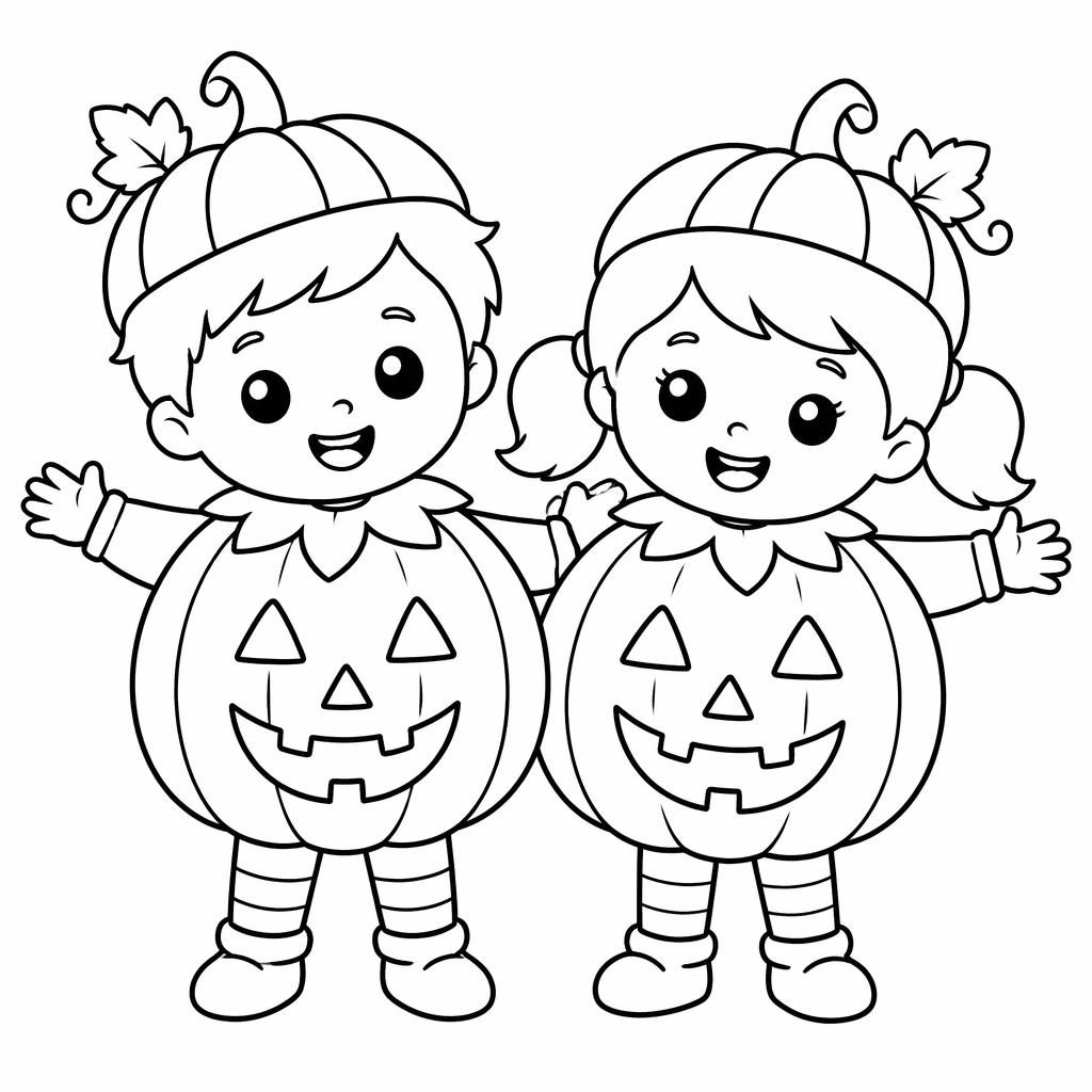 Ilustración en blanco y negro de niños con una calabaza de Halloween, estilo caricatura tierno y líneas simples.