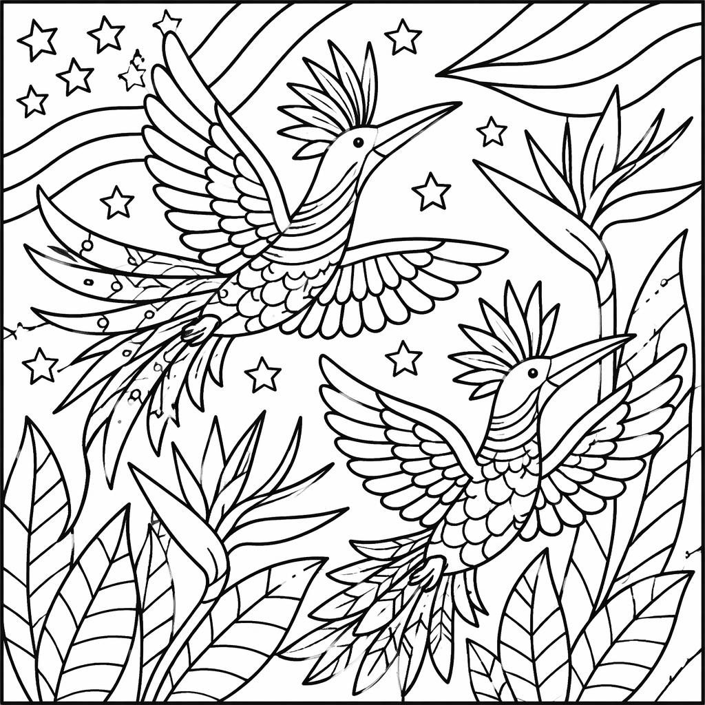 Black-and-white coloring page with birds of paradise in chunky doodle outlines, simple zentangle details, white background.