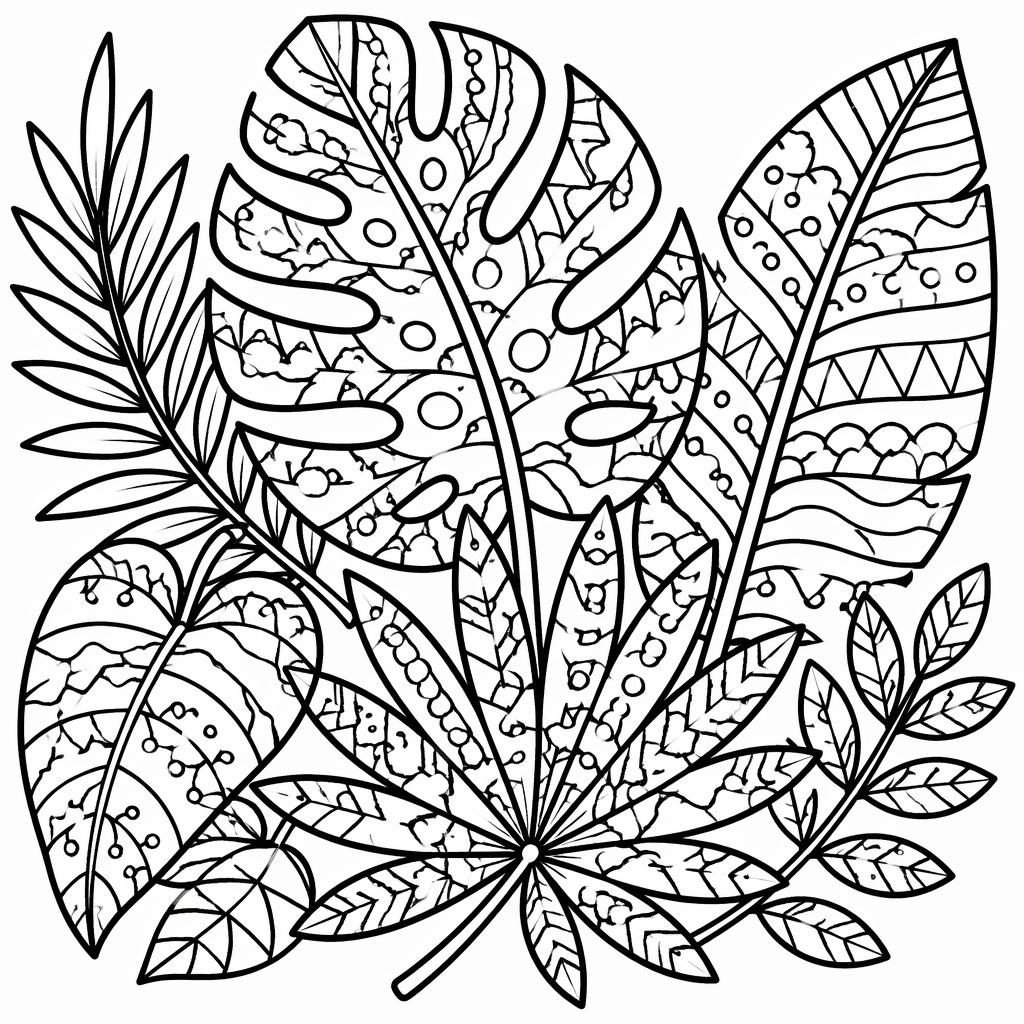 Ilustración para colorear en blanco y negro con hojas tropicales zentangle, líneas gruesas y formas cerradas.