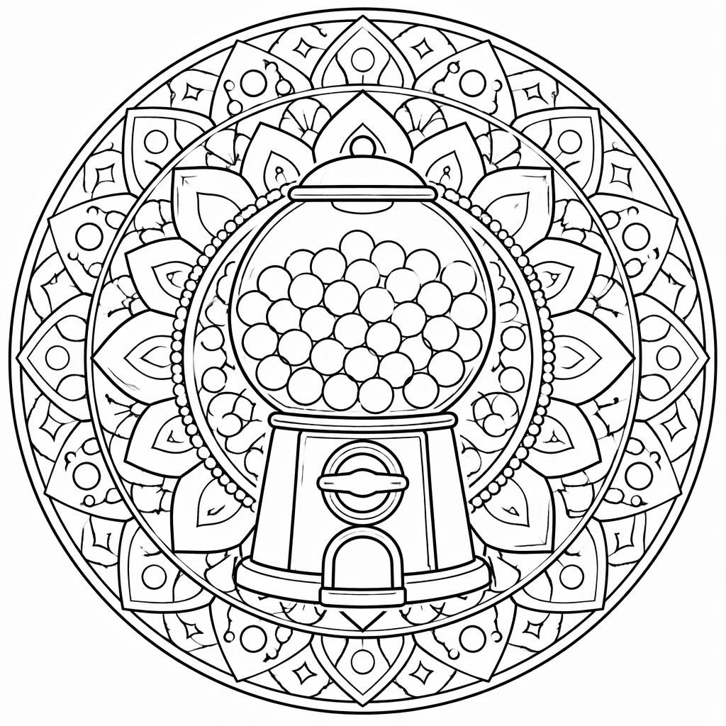 Ilustración en blanco y negro de un mandala adulto intrincado con formas geométricas y contornos limpios para colorear.