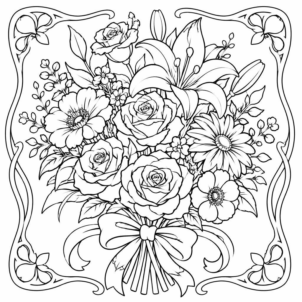 Schwarz-weißes Ausmalbild mit detailliertem Blumenstrauß im Jugendstil als klare Line-Art auf weißem Hintergrund.