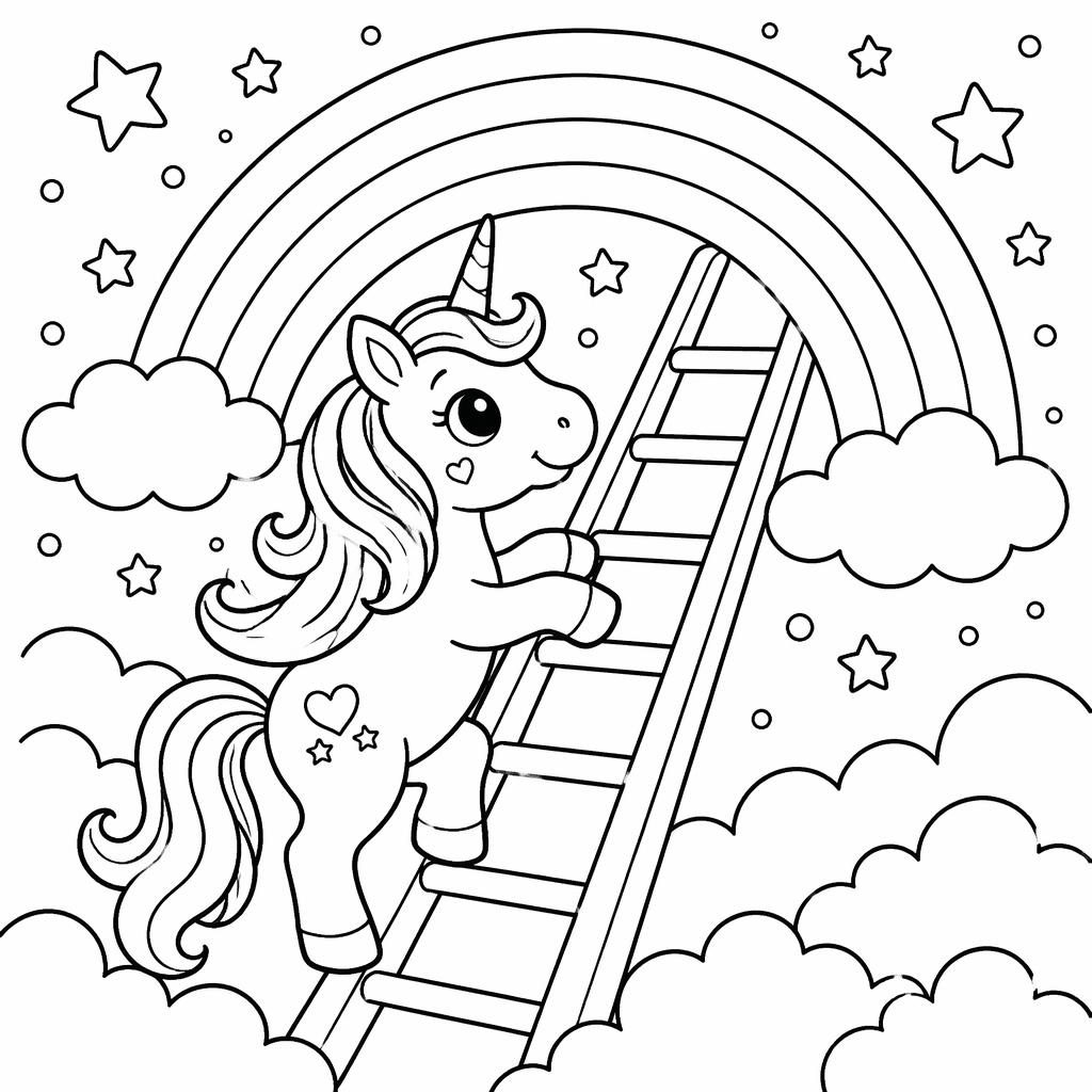 Ilustración para colorear en blanco y negro con un unicornio simple, arcoíris y detalles tipo doodle infantiles.