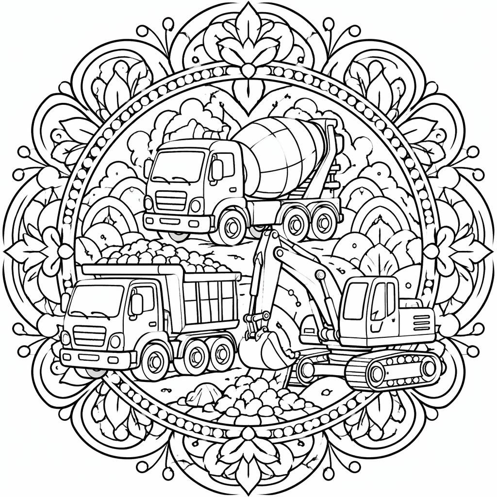 Ilustración para colorear en blanco y negro con camiones de construcción para niños y detalles intrincados tipo mandala.