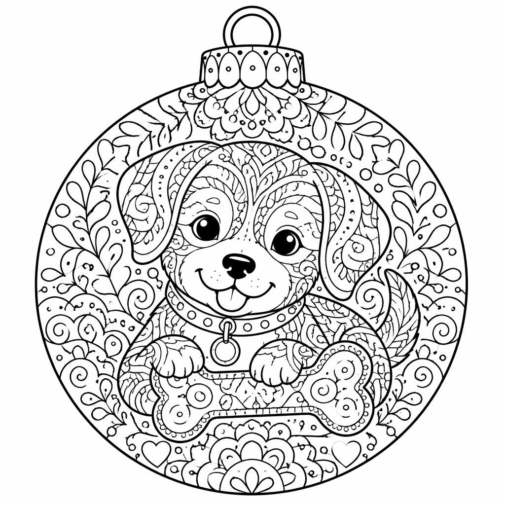 Schwarz-weiße Ausmalbild-Illustration mit süßem Hund und Knochen, detailreich im Zentangle-Stil als Line-Art.
