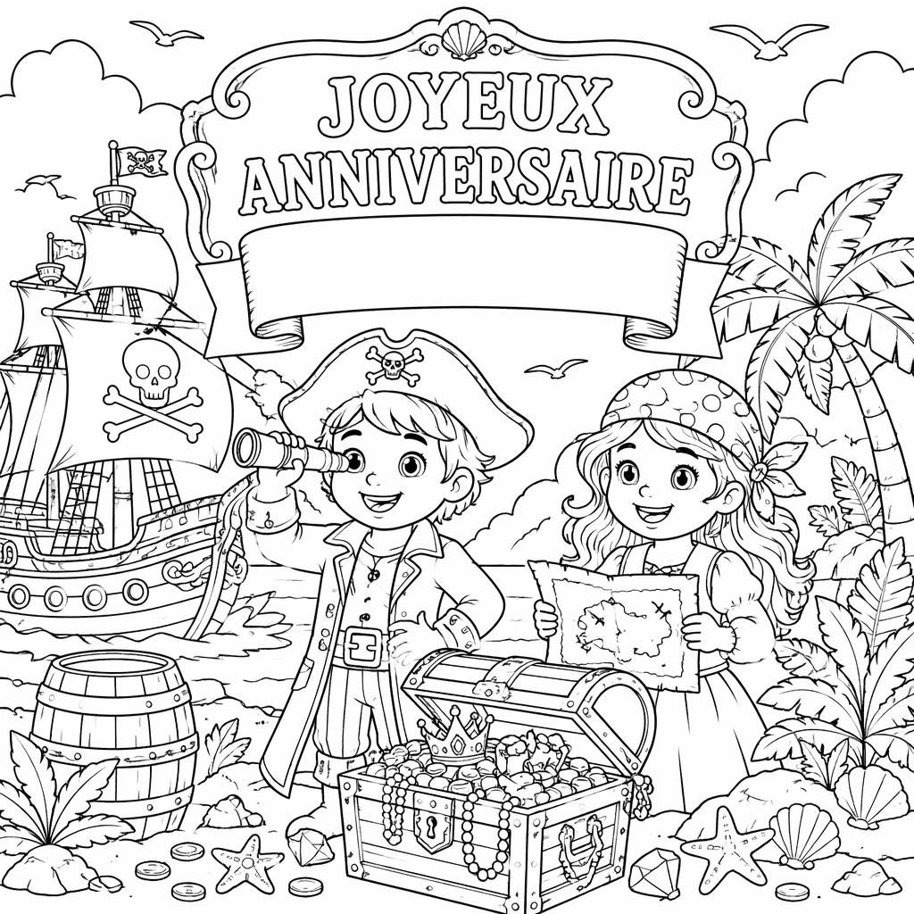 Illustration noir et blanc d’un bateau pirate avec coffre au trésor et enfants, en line art détaillé à colorier.