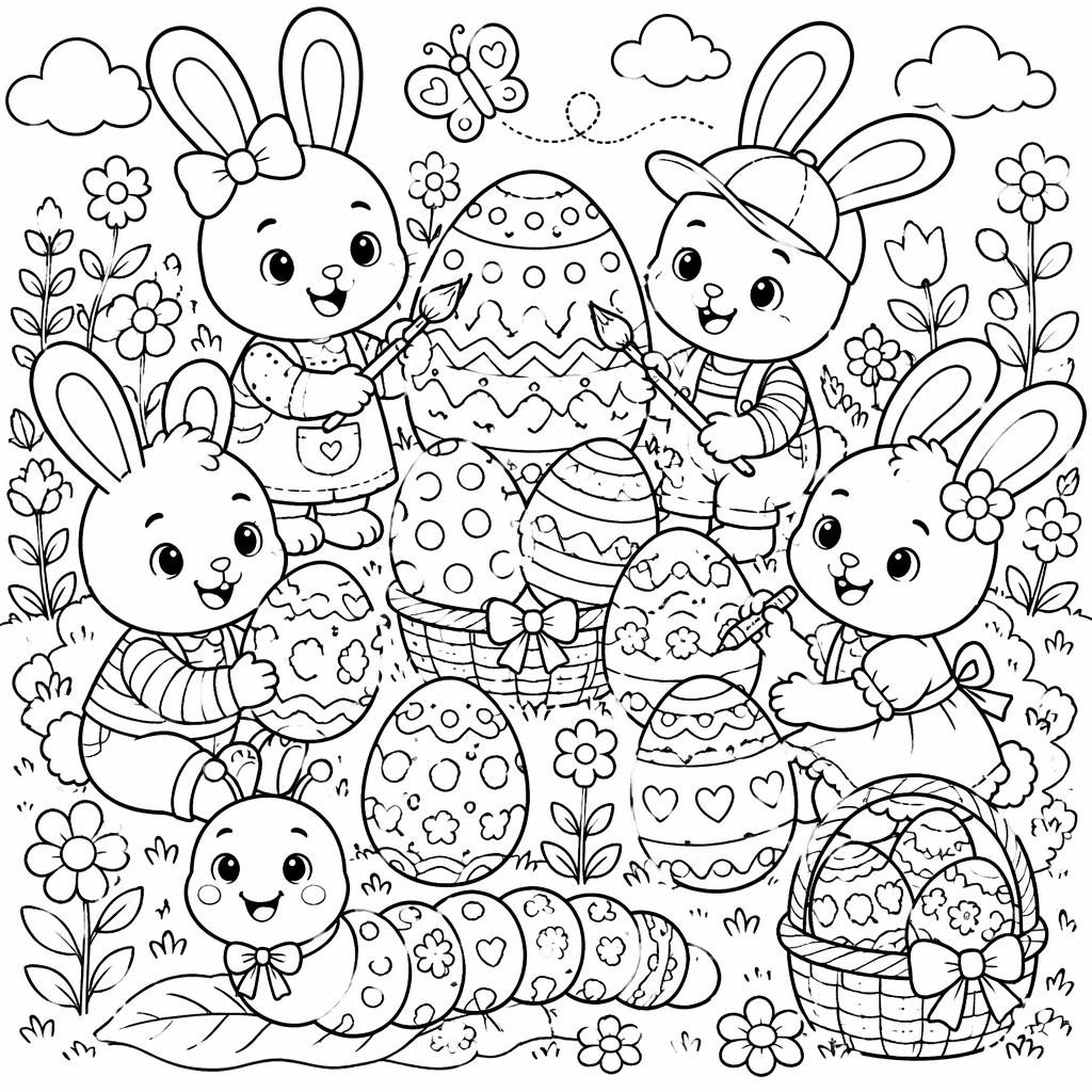 Schwarz-weiße Ausmalseite mit Hasenkindern, Ostereiern und vielen zentangleartigen Details als klare Line-Art.