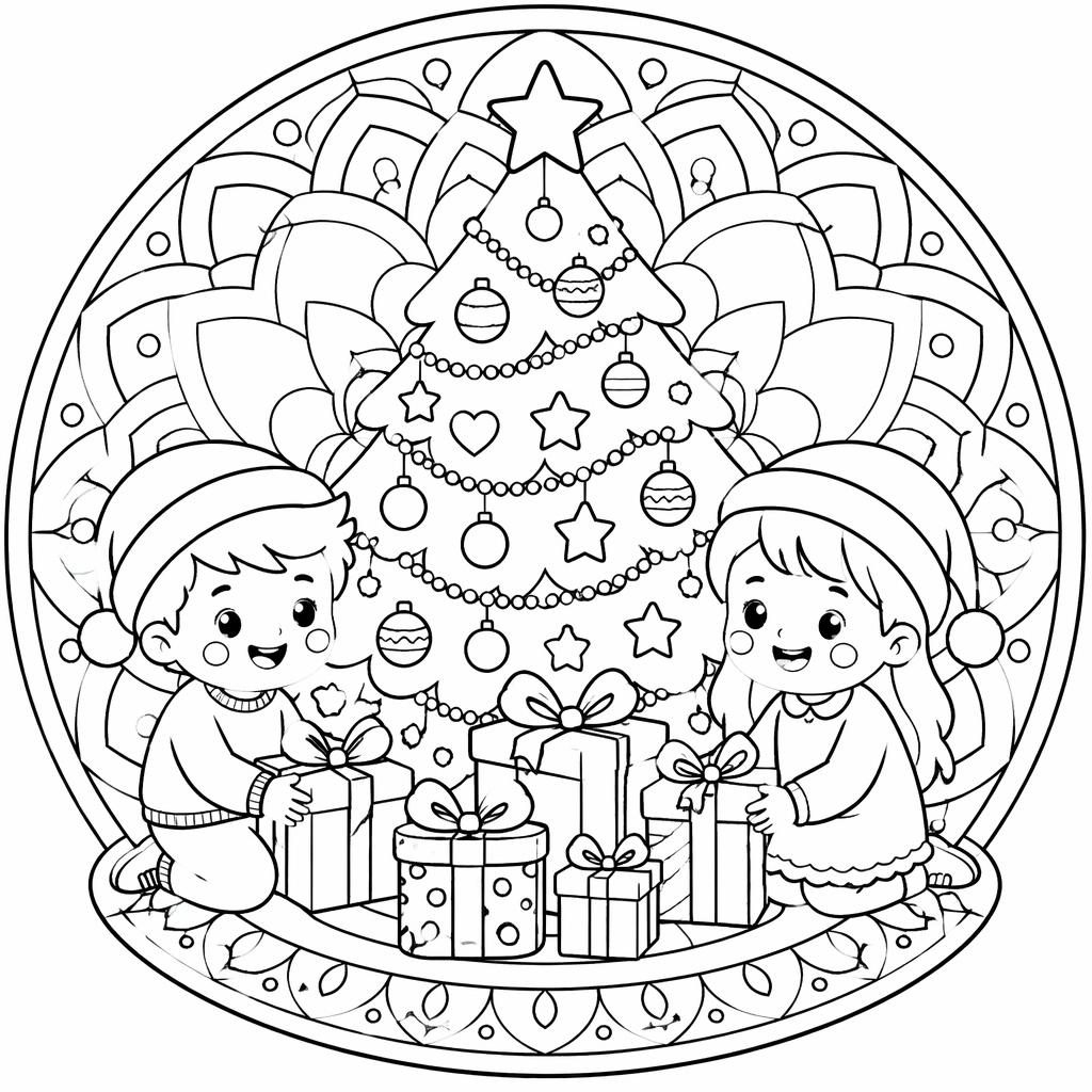 Schwarz-weiße Ausmalbild-Illustration mit Weihnachtsbaum, Geschenken und Kindern im niedlichen Cartoon-Stil.