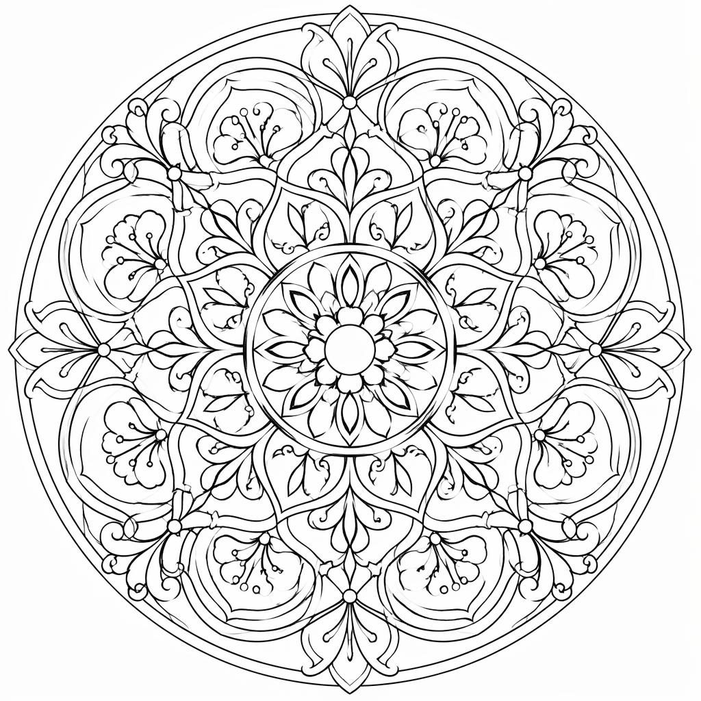 Illustration noir et blanc d’un mandala adulte détaillé, style Art nouveau, contours nets à colorier sur fond blanc.