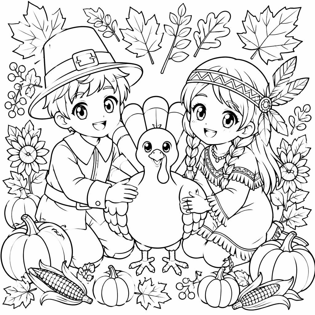 Illustration noir et blanc d’une dinde de Thanksgiving avec des enfants, style manga, contours nets à colorier.
