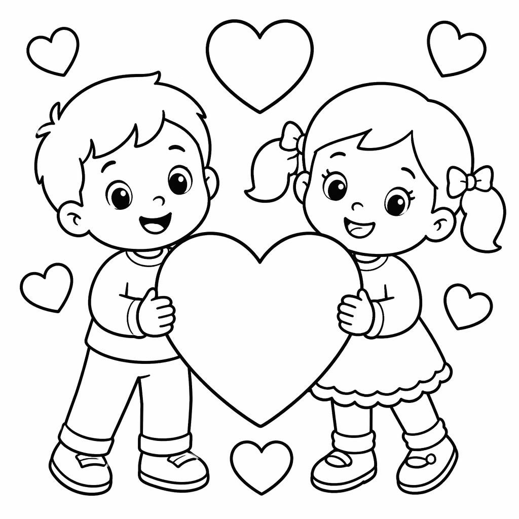 Illustration noir et blanc de cœurs de Saint-Valentin pour enfants, traits épais, formes simples, style botanique