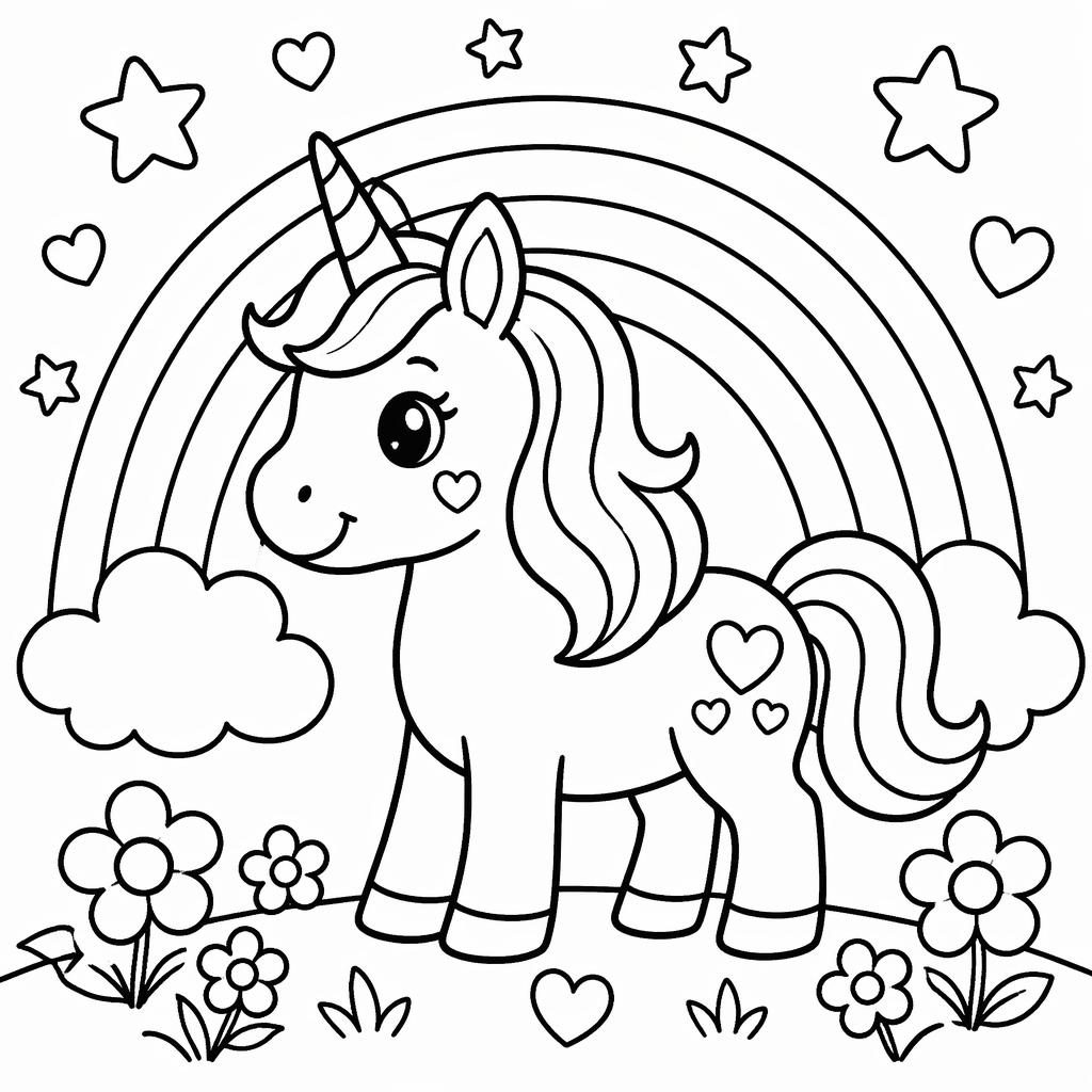 Schwarz-weiße Ausmalseite mit einfachem Einhorn und Regenbogen, dicke Konturen, kindgerecht und druckbar.