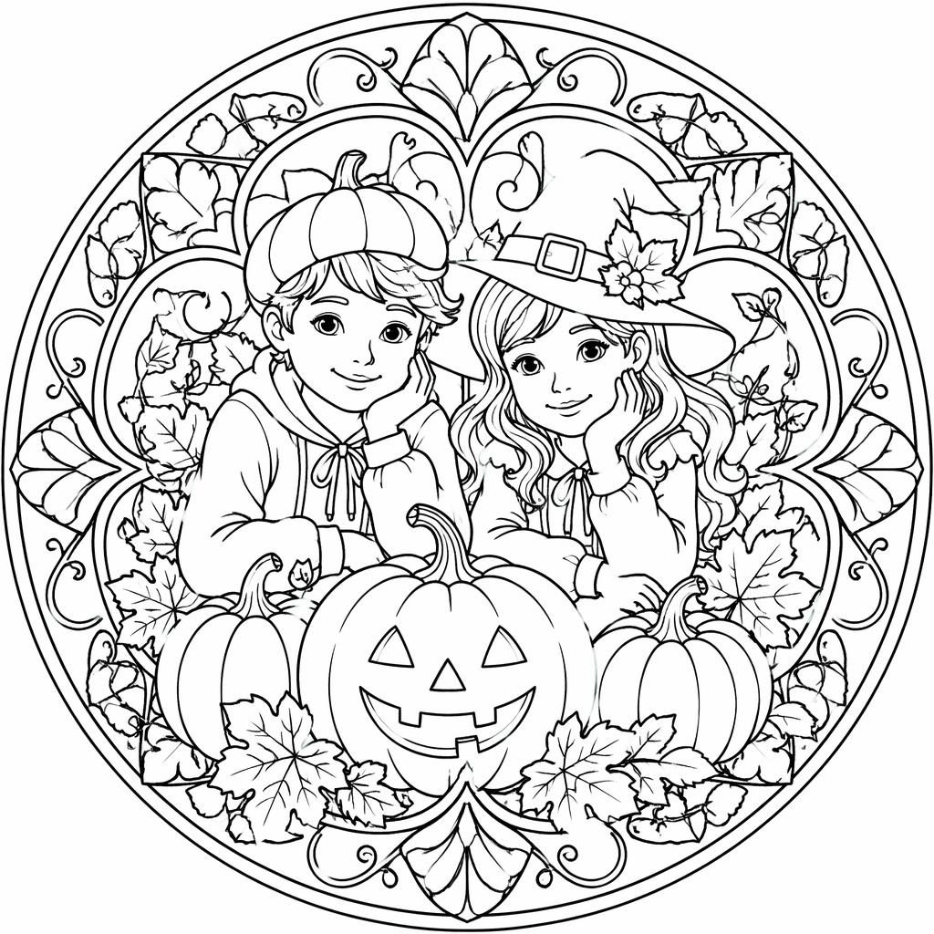 Ilustración para colorear en blanco y negro de niños con una calabaza de Halloween, estilo art nouveau.