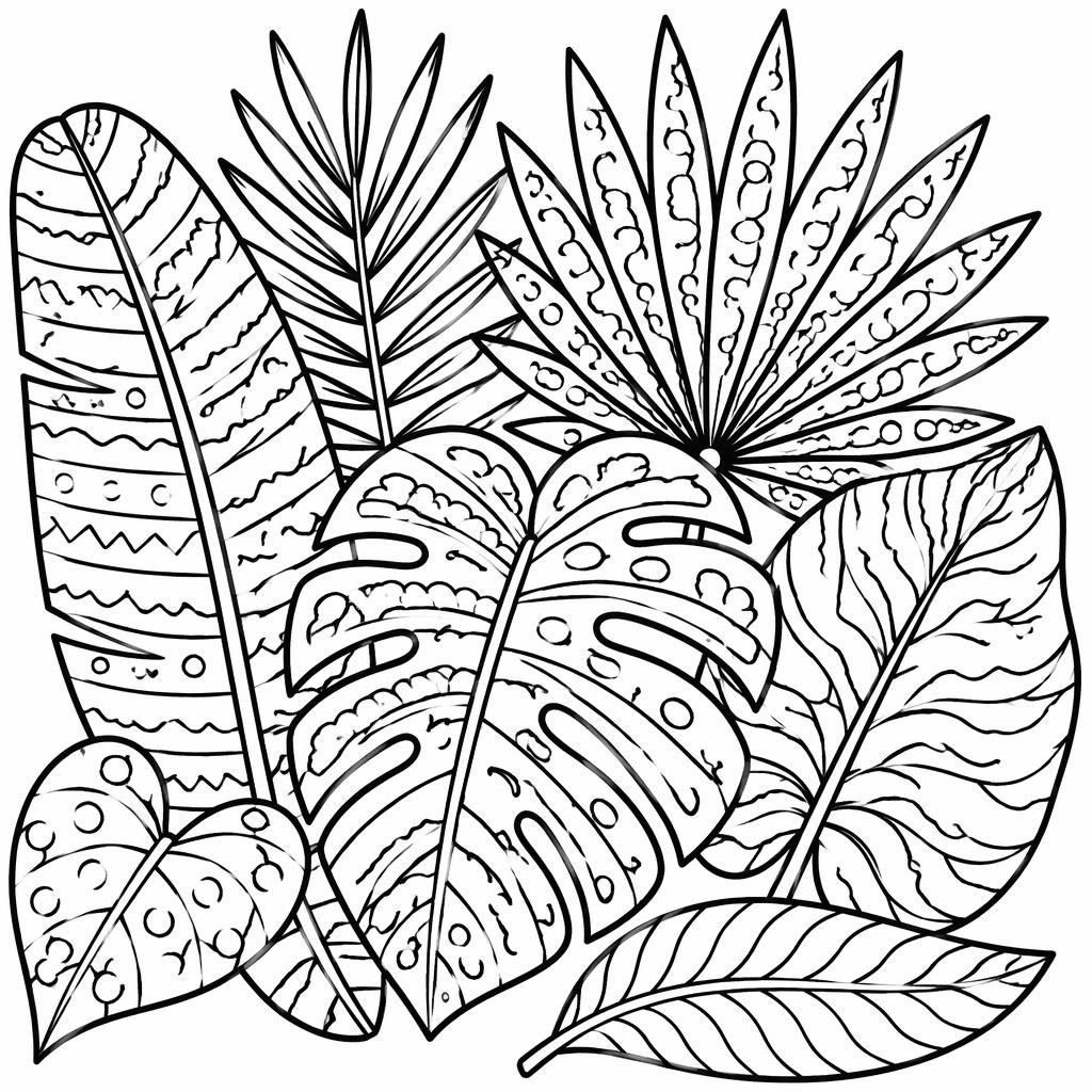 Ilustración para colorear en blanco y negro con hojas tropicales estilo zentangle y líneas gruesas.