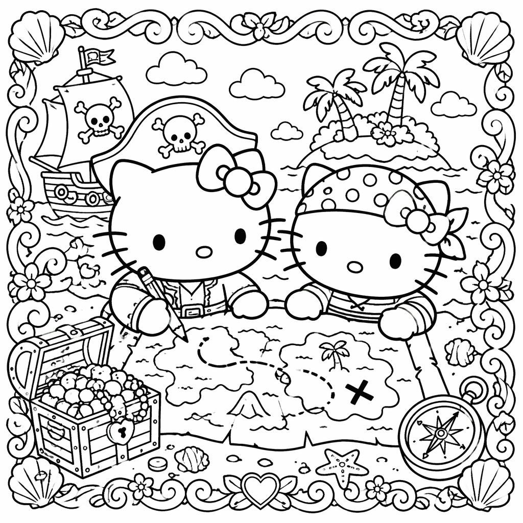 Illustration noir et blanc à imprimer : enfants pirates avec carte au trésor, style doodle, contours simples.