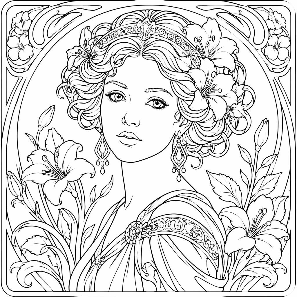 Black-and-white line art coloring page of an art nouveau woman portrait with botanical details on a white background.