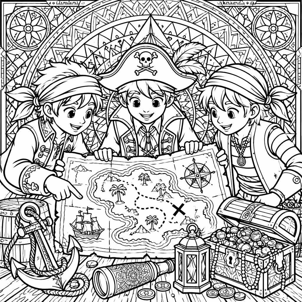 Schwarz-weiße Ausmalbild-Illustration mit Kindern als Piraten und Schatzkarte im detaillierten Mandala-Linienstil.