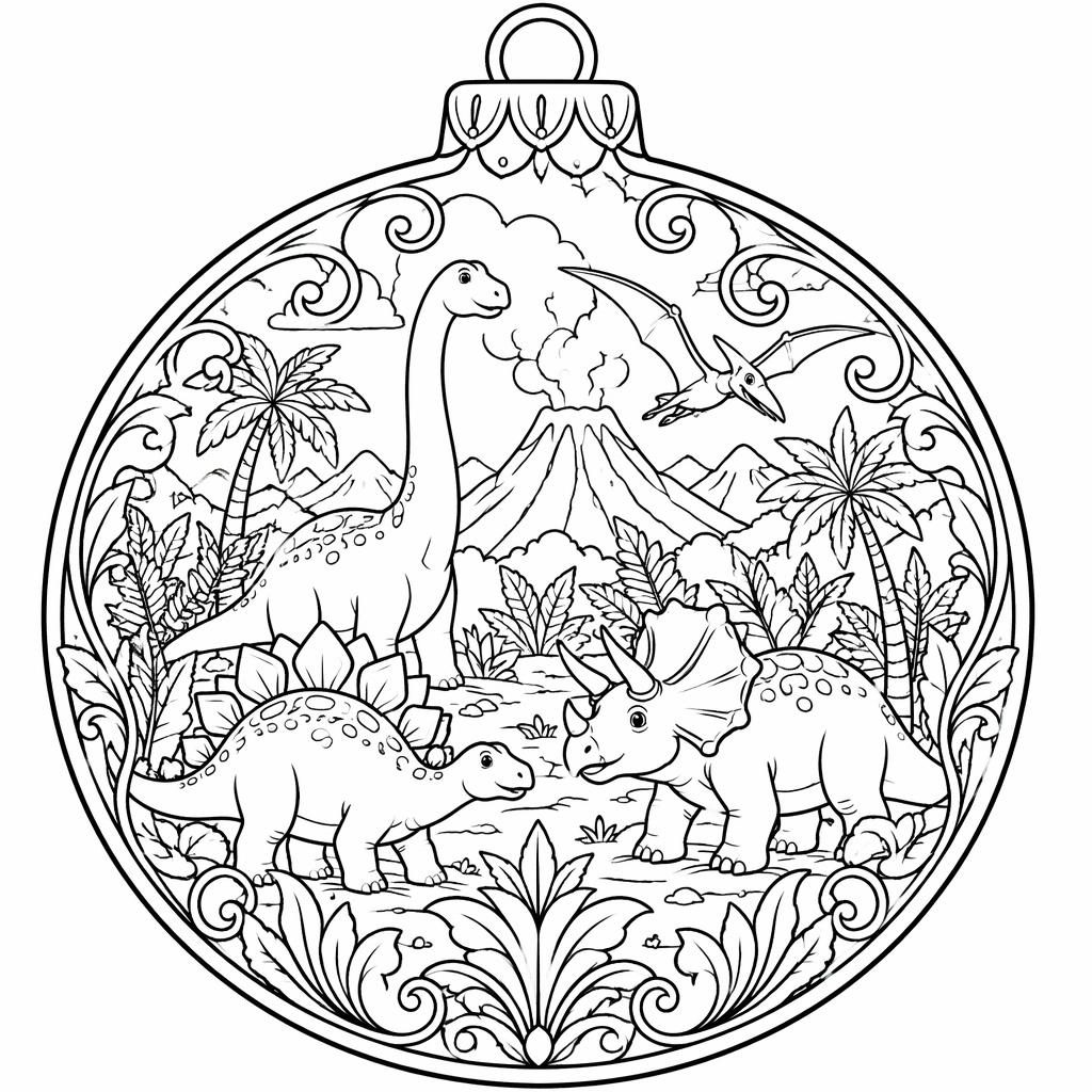 Schwarz-weiße Ausmalseite mit kindlicher Dino-Szene in einer detailreichen Weihnachtskugel im Jugendstil