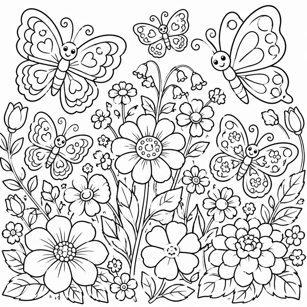 Ilustración en blanco y negro para colorear con mariposas y flores detalladas, estilo caricatura tierno para niños.