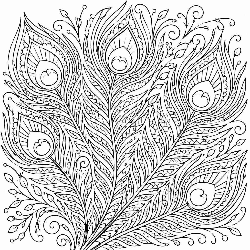 Ilustración para colorear en blanco y negro con plumas de pavo real detalladas y patrones geométricos tipo mandala.