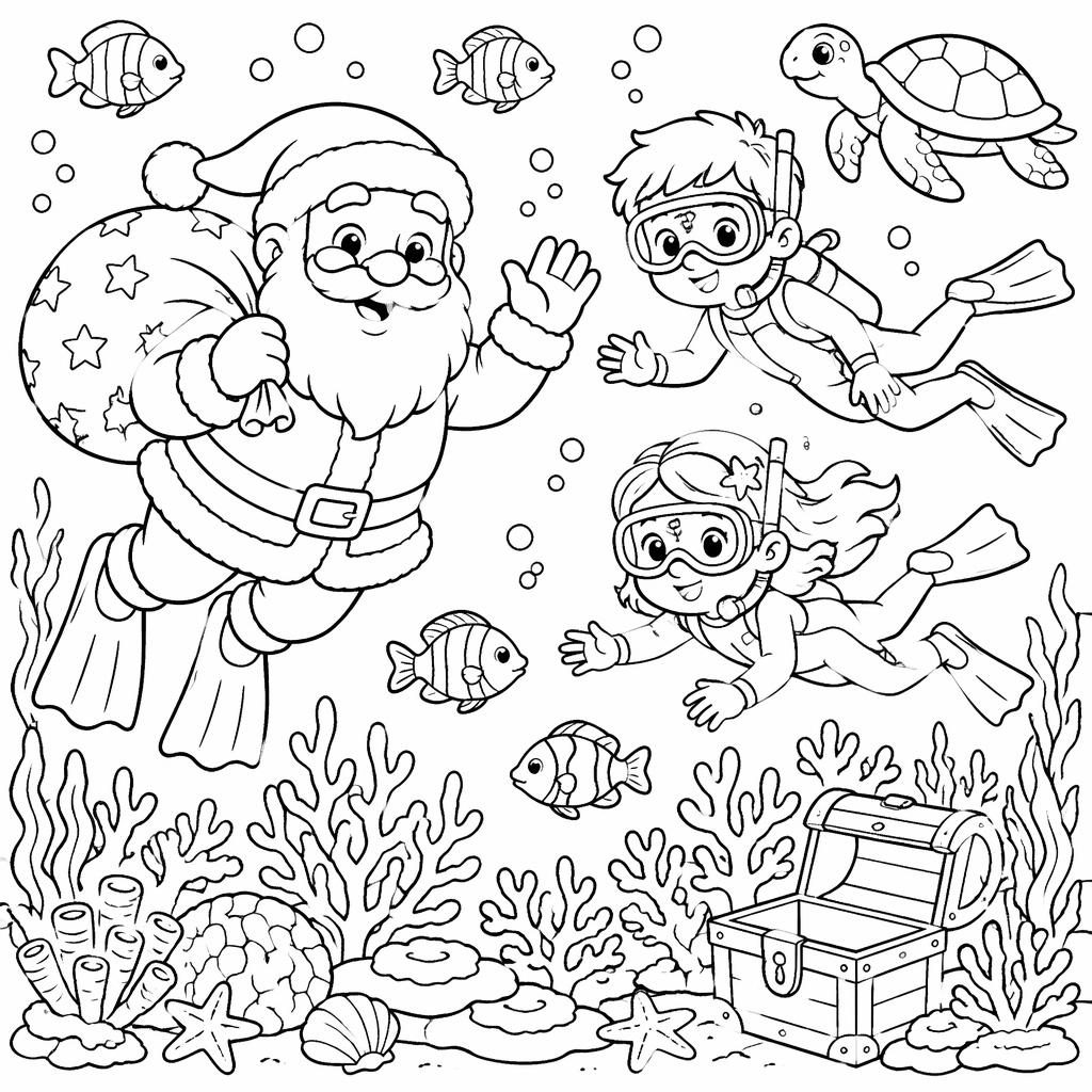 Illustration à colorier en noir et blanc d’une scène sous-marine pour enfants, avec poissons, algues et contours simples