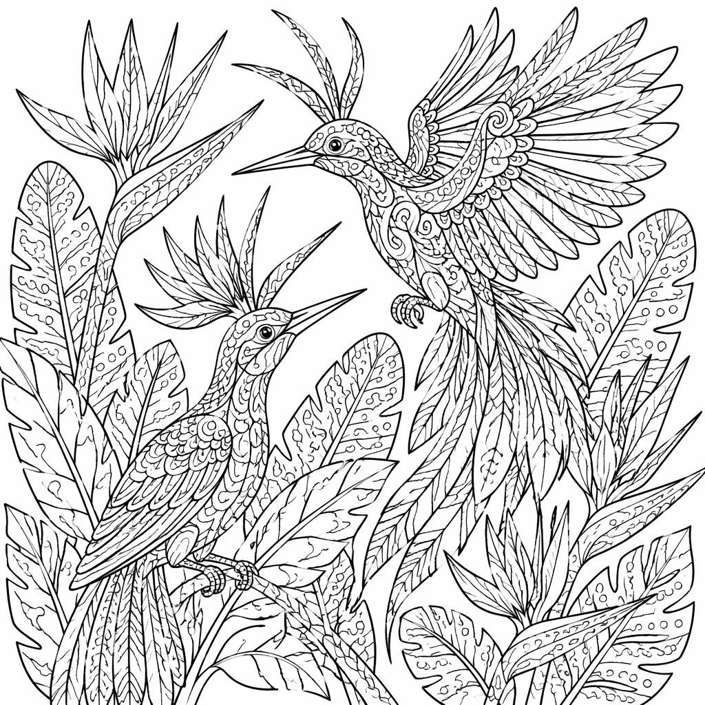 Schwarz-weiße Ausmalseite mit detaillierten Paradiesvögeln im Zentangle-Stil, klare Konturen auf weißem Hintergrund