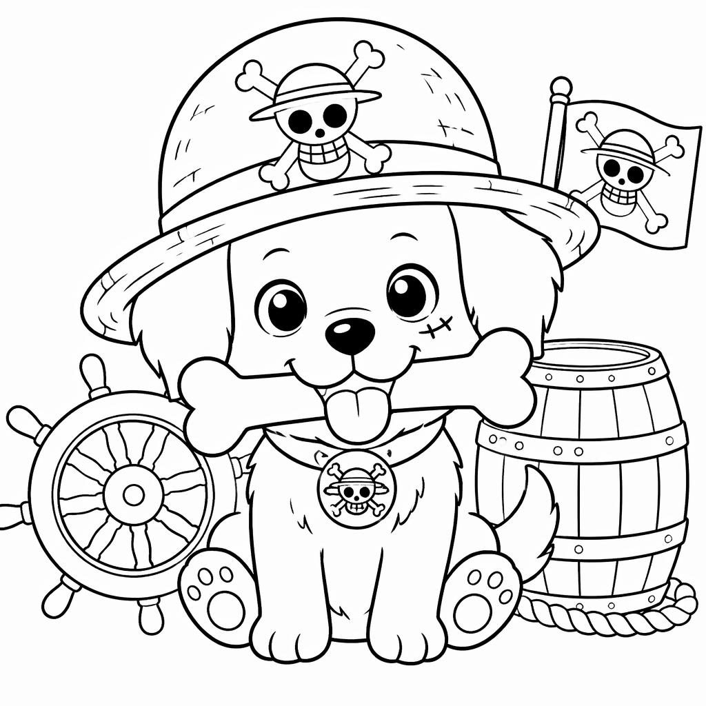 Black-and-white coloring page of a cute cartoon dog holding a bone, with simple clean outlines on a white background.