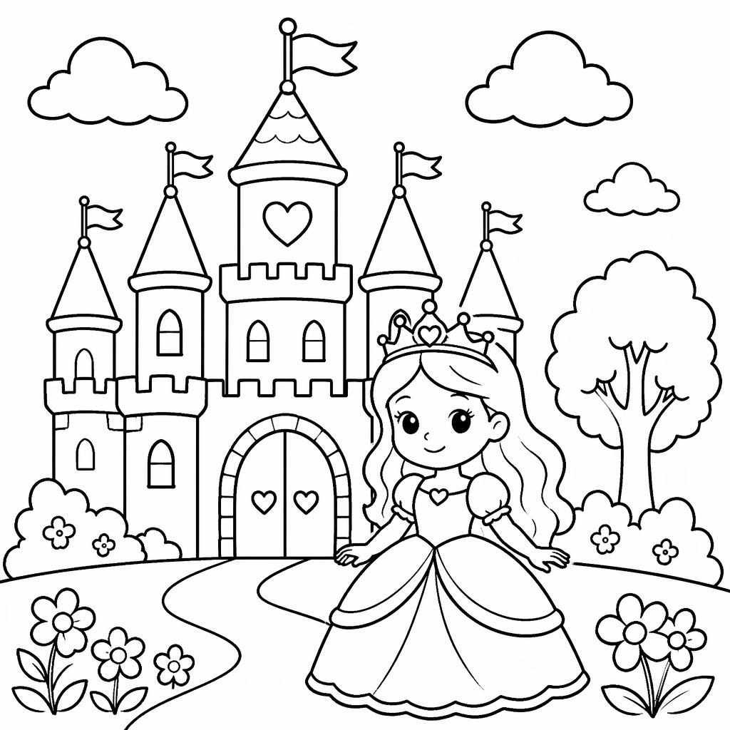 Ilustración para colorear en blanco y negro de un castillo de princesa de cuento de hadas para niños