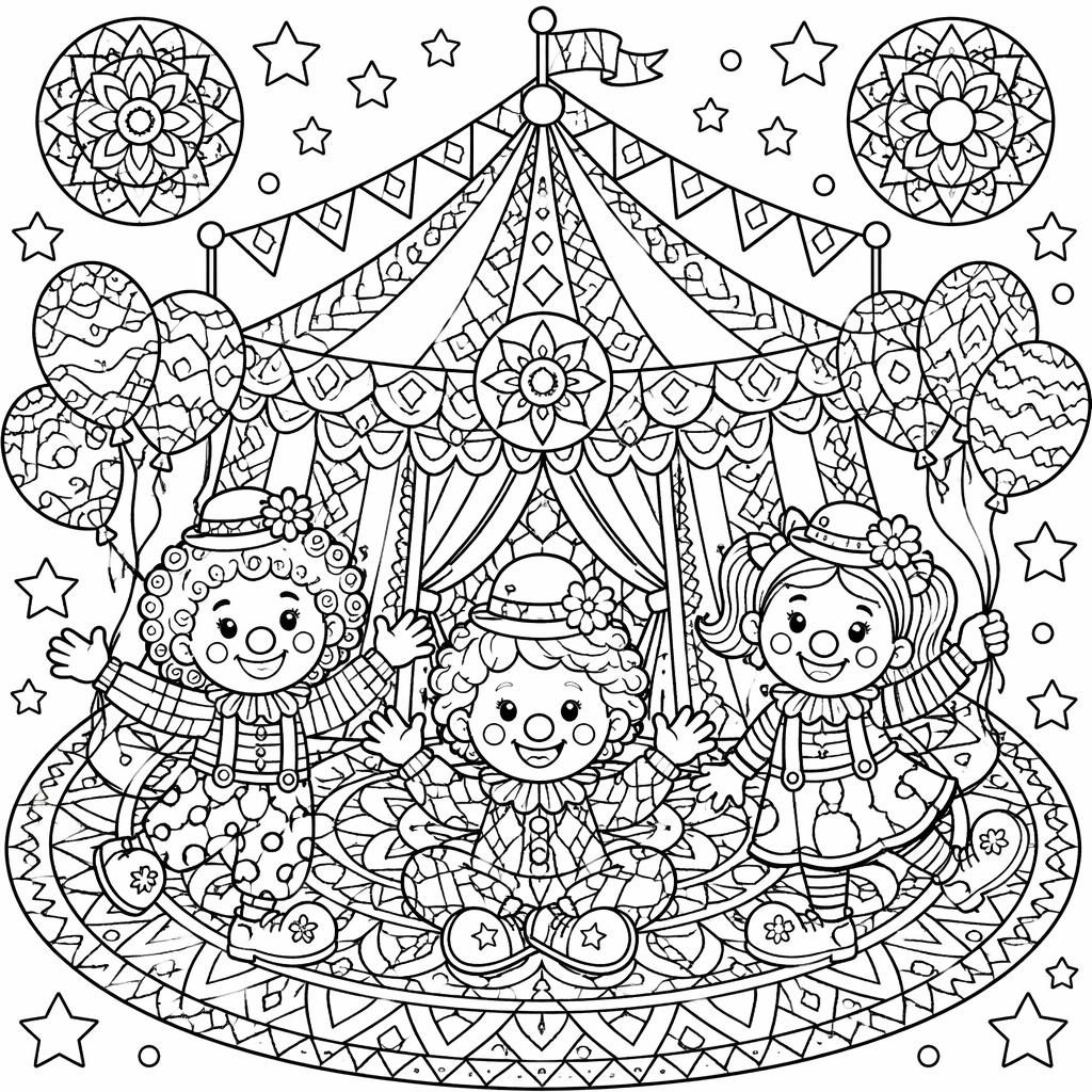 Ilustración para colorear en blanco y negro de una carpa de circo con payasos niños y detalles geométricos tipo mandala.