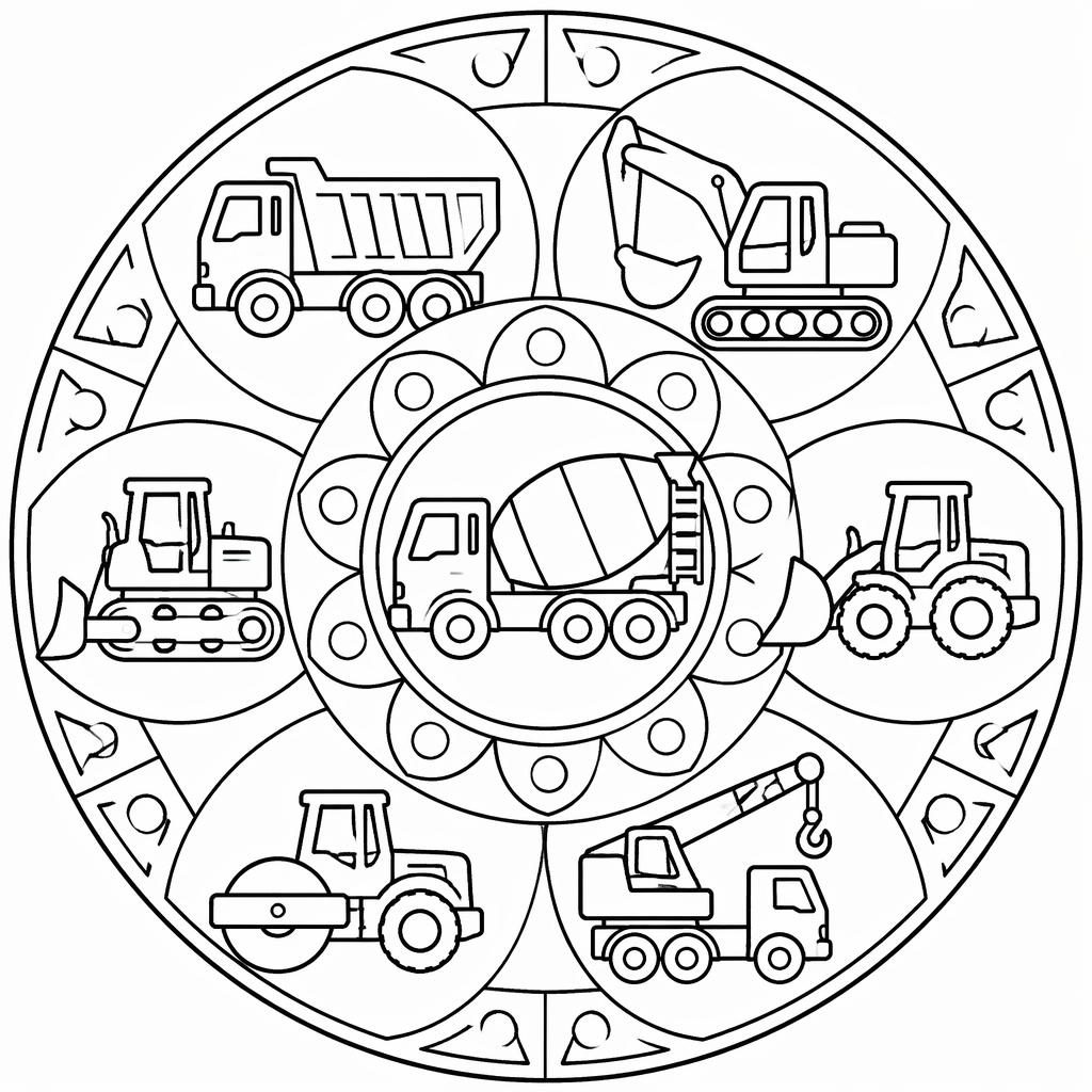 Ilustración para colorear en blanco y negro de camiones de construcción para niños, con contornos simples y fondo blanco