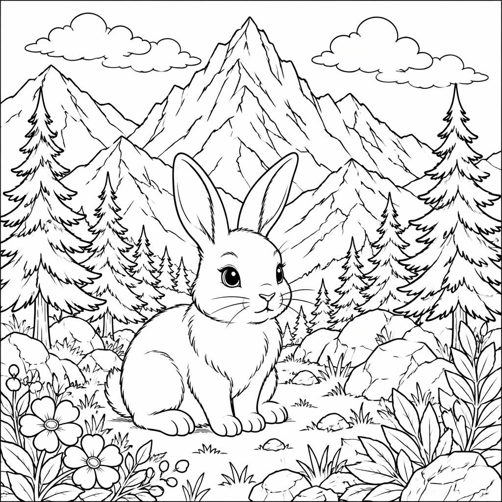 Black-and-white coloring page with mountains and pine trees in a clean manga-inspired line art style.
