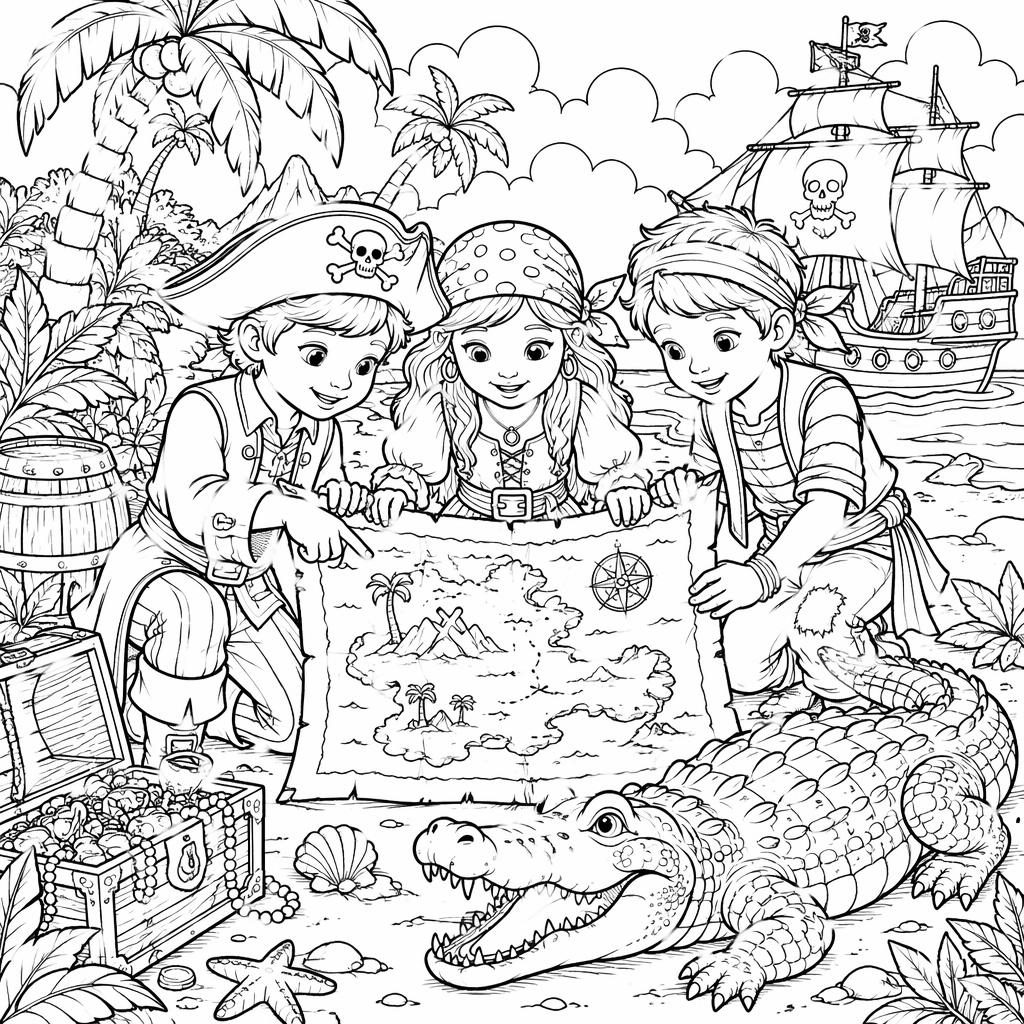 Black-and-white coloring page illustration of: pirates and treasure map kids. Audience: adult intricate detail, intricat