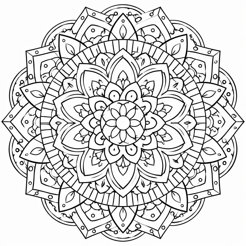 Ilustración en blanco y negro de mandala geométrica para adultos, estilo zentangle, con líneas limpias y detalles