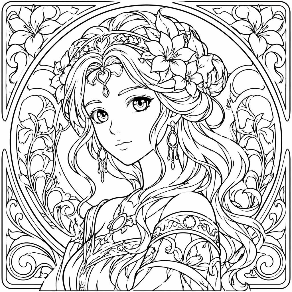 Retrato de mujer art nouveau en blanco y negro, estilo manga, con detalles intrincados y contornos limpios para colorear.