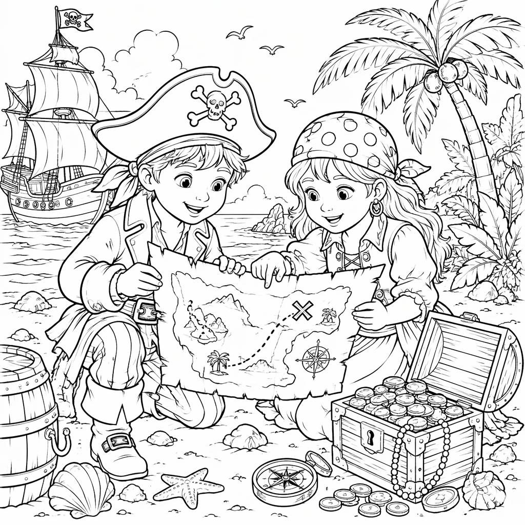 Ilustración en blanco y negro de niños piratas con un mapa del tesoro, estilo line art limpio para colorear.