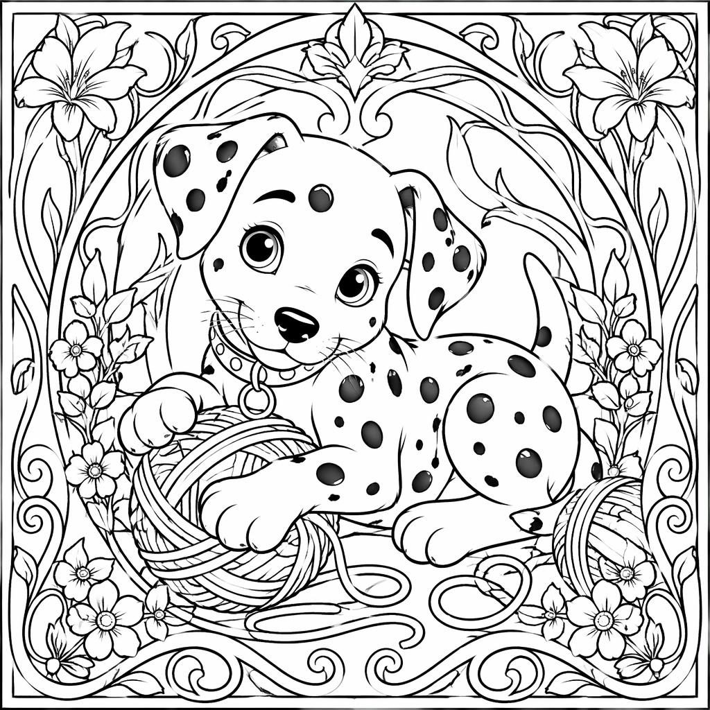 Schwarz-weiße Ausmalseite mit einem Kätzchen und Wollknäueln im detailreichen Jugendstil als Line-Art