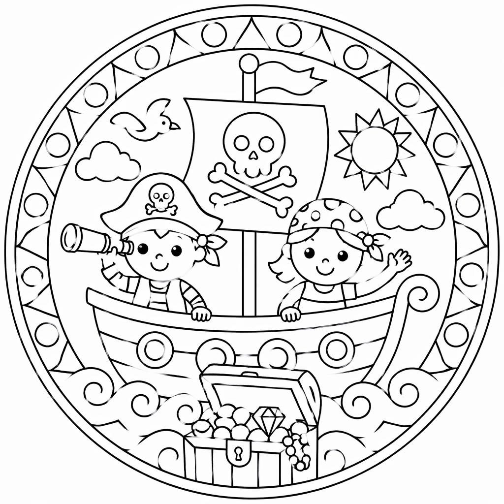 Schwarz-weißes Ausmalbild mit einfachem Piratenschiff, Schatztruhe und kindgerechten Formen im Mandala-Stil.