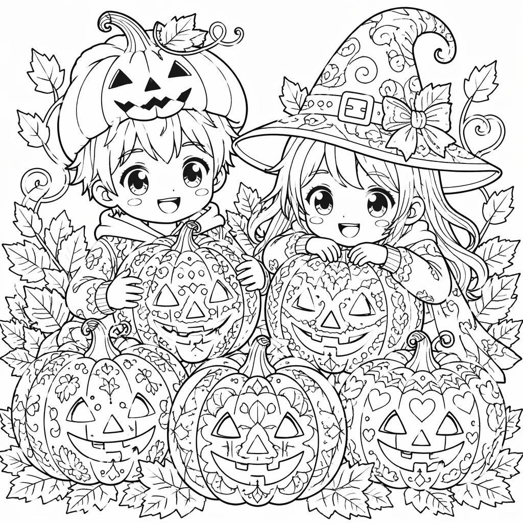 Schwarz-weiße Ausmalbild-Illustration mit Kindern und Halloween-Kürbissen, detailreich im Manga-Stil.