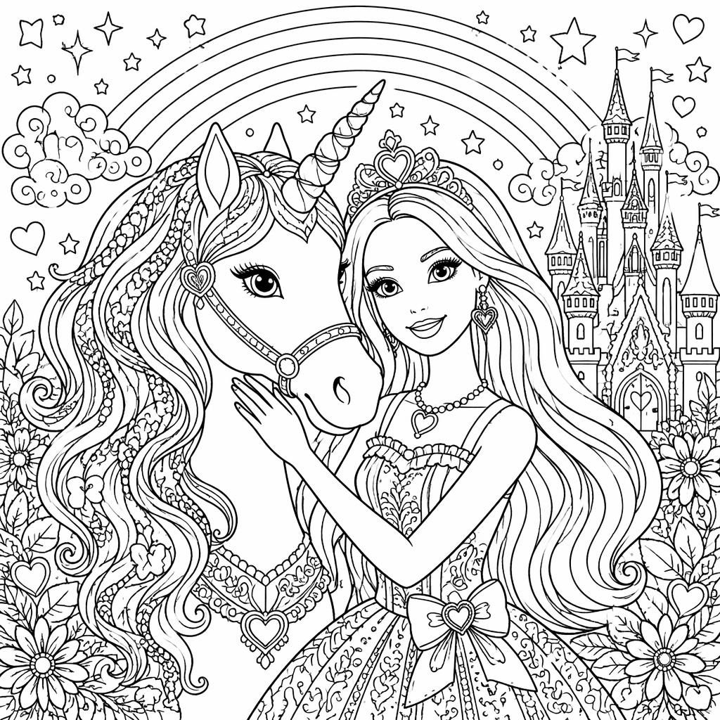Schwarz-weiße Ausmalbild-Illustration mit Einhorn, Regenbogen und filigranen Manga-Mandala-Details.