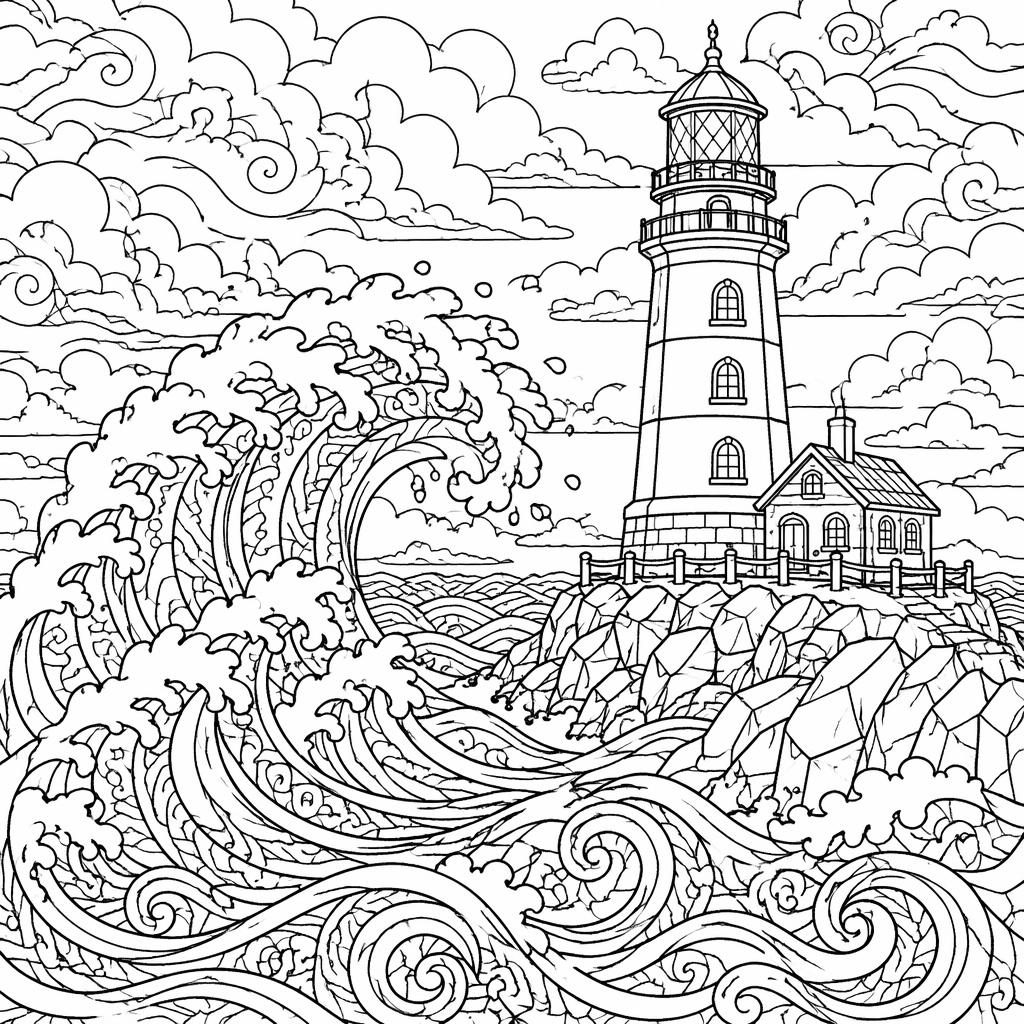 Schwarz-weiße Ausmalbild-Illustration mit Leuchtturm, großen Wellen und filigranen Linien im Manga-Stil für Erwachsene.