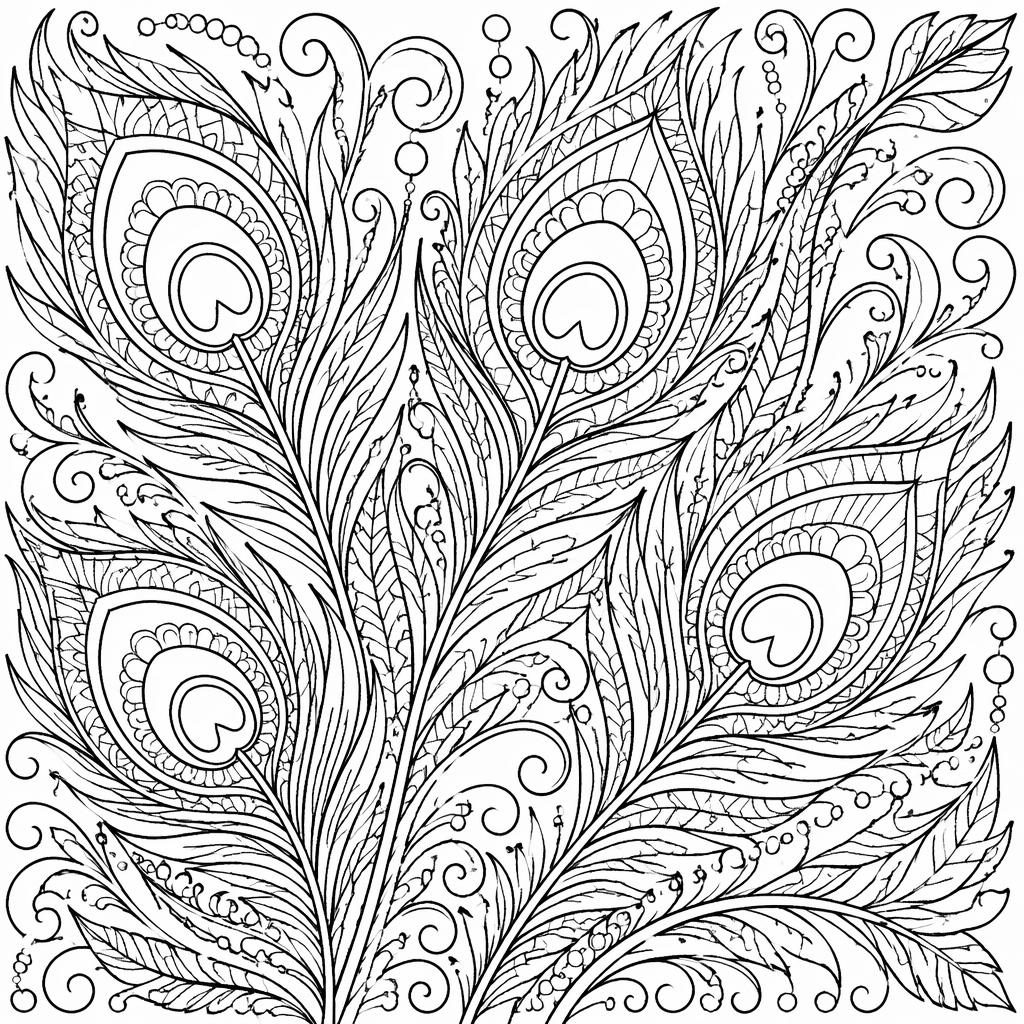 Illustration noir et blanc de plumes de paon détaillées en style zentangle, contours nets sur fond blanc.