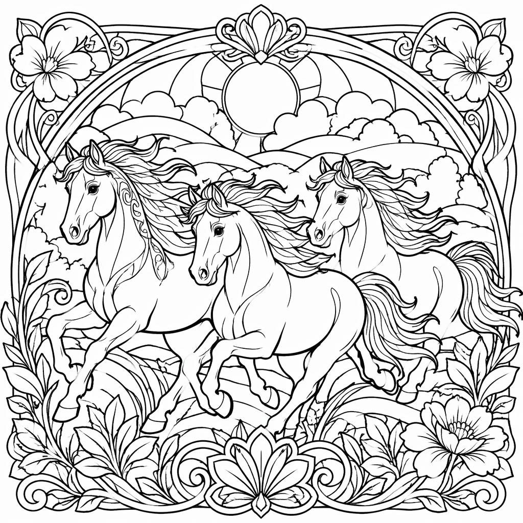 Ilustración en blanco y negro de caballos corriendo con líneas gruesas y detalles ornamentales estilo art nouveau.