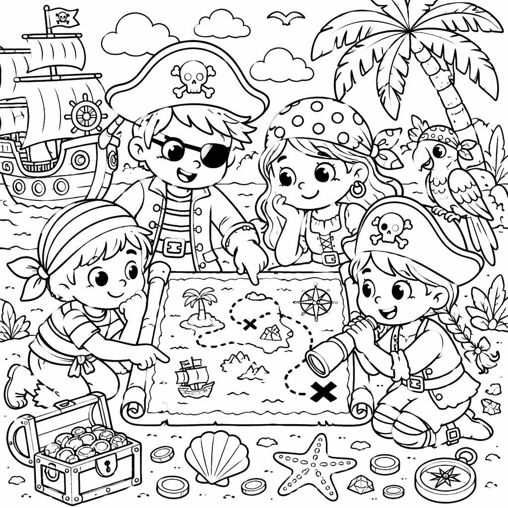 Schwarz-weiße Ausmalseite mit niedlichen Piratenkindern, Schatzkarte, Insel-Details und vielen geschlossenen Formen.