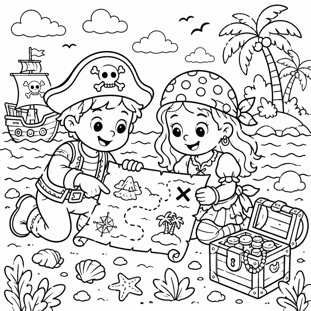 Ilustración para colorear en blanco y negro de niños piratas con mapa del tesoro, estilo doodle sencillo.