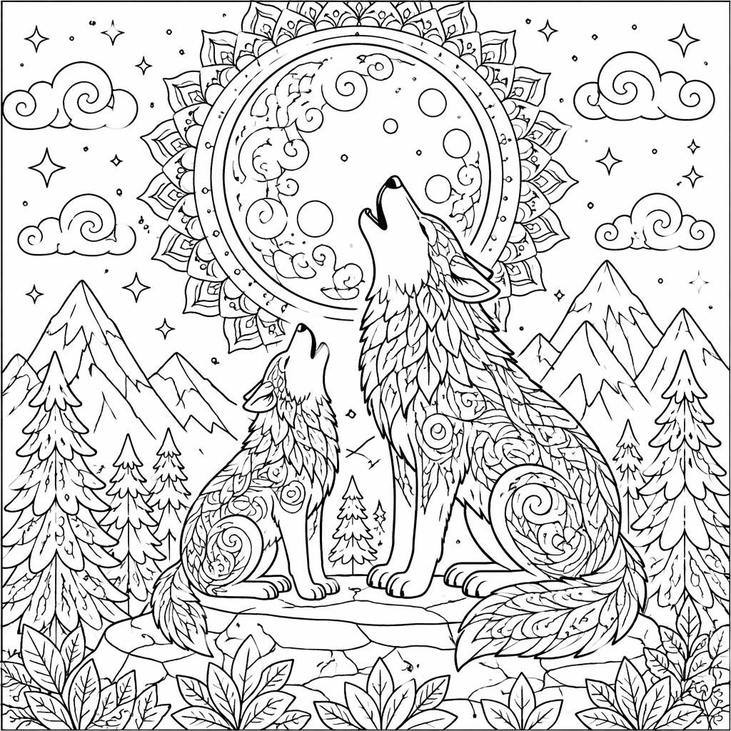 Black-and-white coloring page of cute cartoon wolves howling at the moon with intricate adult line art on white background.