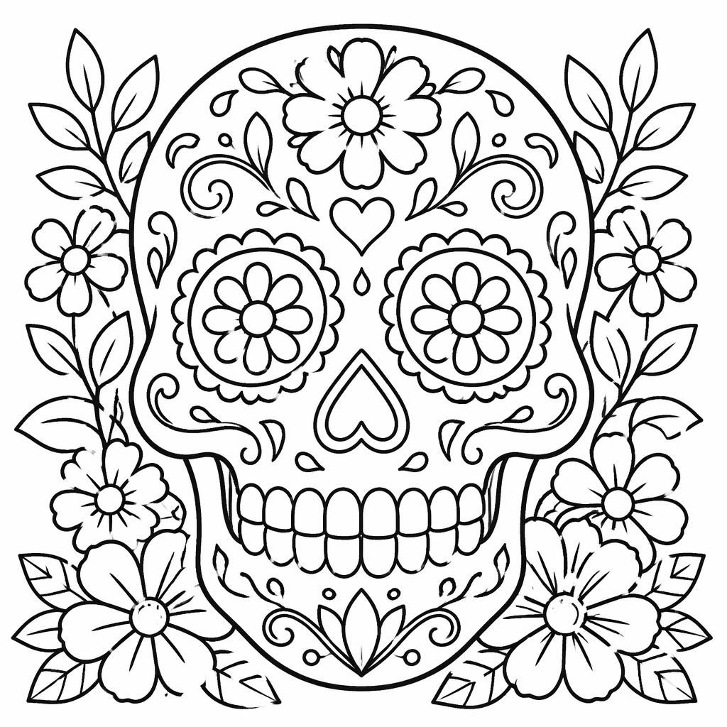 Illustration noir et blanc d’une tête de mort mexicaine Dia de los Muertos avec motifs botaniques, contours nets.