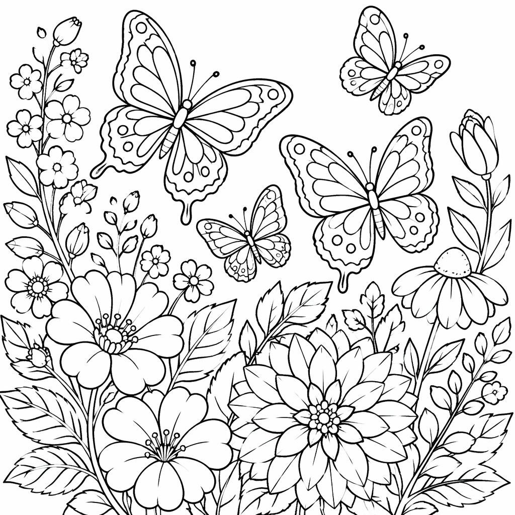 Ilustración para colorear en blanco y negro con mariposas y flores detalladas, estilo manga y líneas limpias.